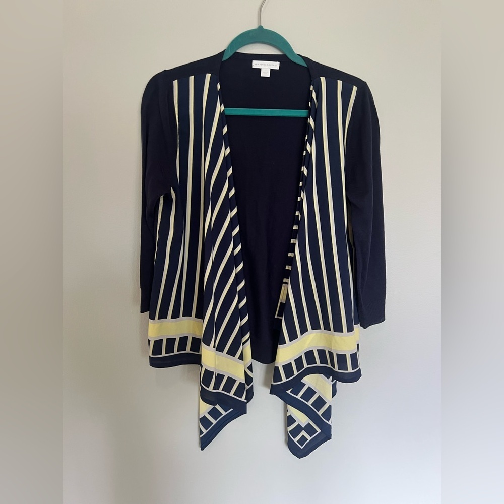 New York & Company Striped Open Front Cardigan Navy Yellow Drape Sweater Size M